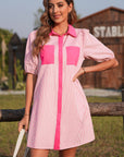 Stripe Patchwork Chest Pocket Mini Shirt Dress