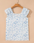 Floral Bow-Back Square Neck Ruffle Sleeve Blouse
