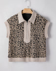 Leopard Zip-Up Collared Cap Sleeve Top