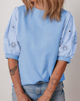 Floral Eyelet Embroidered Puff Short Sleeve Blouse