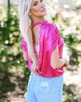 Metallic Bow Tie Ruched Sleeve Backless Blouse