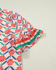 Floral Stripe Detail V-Neck Ruffle Sleeve Blouse