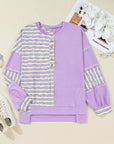 Purple Stripe Patchwork Buttoned Drop Shoulder Plus Size Pullover