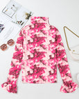 Floral Mesh Flounce Sleeve Mock Neck Blouse