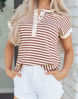 Stripe Half Buttoned Short Sleeve Top