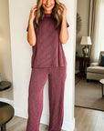 Corded Knit Mock Neck Tee and Pant Set