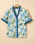 Floral Contrast Frill Stripe Trim Blouse