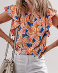 Flower Notch Neck Ruffle Sleeve Blouse