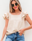 Textured Bow Back Frilled Butterfly Sleeve Blouse
