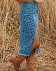 Leopard Denim Frayed Hem Midi Skirt