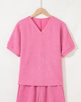 Textured V Neck T Shirt and Shorts Set