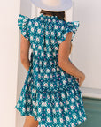 Floral Split Neck Ruffle Short Sleeve Dress