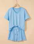 Solid V-Neck Tee and Drawstring Shorts Set