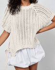 Plus Size Crochet Bow Tie Short Sleeve Sweater