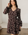 Brown Ditsy Floral Print Split Neck Long Sleeve Shirred Waist Flared Mini Dress