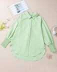 Stripe Shirred Cuff Button-Up Shirt