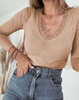 Lace Trim Ruched V-Neck Long Sleeve Top