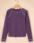 Solid Waffle Knit Round Neck Long Sleeve Top