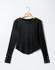 Solid Ribbed Knit Buttoned Long Sleeve Top