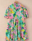 Floral Puff Sleeve Buttoned Collar Babydoll Dress