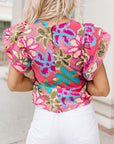 Chelsea Floral Print Trimmed Ruffle Sleeve Blouse