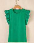 Nellie Embroidered Ruffled Sleeve Slim Fit Crew Neck Top