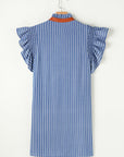 Stripe Frilly Neck Shirred Ruffle Sleeve Mini Dress