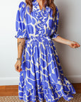Abstract Smocked Waist Puff Sleeve Maxi Dress