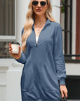 Solid Ribbed Patchwork Pocketed Sweatshirt Dress