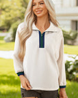 Stripe Contrast Waffle Knit Zip Up Polo Sweatshirt
