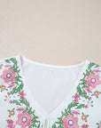 Floral Lace-Up V-Neck Babydoll Blouse