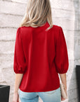Solid Frilled Bow Tie V-Neck 3/4 Sleeve Blouse