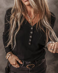 Solid Ribbed V-Neck Buttoned Long Sleeve Top