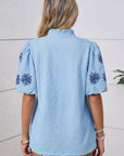 Flower Embroidered Puff Sleeve Split Neck Blouse