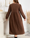 Plus Size Textured Corduroy Embroidered Neckline Midi Dress