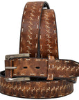 3D Western Mens Belt Leather Stitching Distressed Silver Buckle Brown