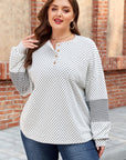 Plus Size Polka Dot Stripe Patchwork Henley Top