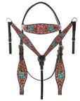 HILASON Western Horse Headstall Breast Collar & Spur Strap Tack Set American Leather Floral Carving