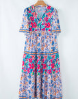 Floral Tie Split Neck Short Sleeve Dress