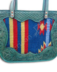 Handmade Genuine Leather Western Tote Bag With Tooled Saddle Blanket