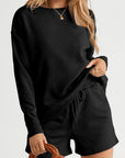 Textured Long Sleeve Top and Drawstring Shorts Set