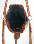American Darling Bucket Bag Hair-On Cowhide Genuine Leather Fringes Riveted Drawstring Western Purse 11in X 13in X 5in