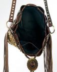 American Darling Bucket Bag Hair-On Cowhide Genuine Leather Fringes Riveted Drawstring Western Purse 11in X 13in X 5in