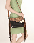 ADBG555BRWFRNG American Darling Hand Tooled Hair On Genuine Leather Women Bag Western Handbag Purse