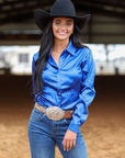 Royal Blue Satin Performance Rodeo Shirt Lightweight Stretch Fabric And Unisex Fit
