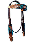 Bar H Equine Horse Leather Turquoise Buckstitch Beaded Hand Carved One Ear Headstall Brown