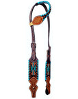 Bar H Equine Horse Leather Turquoise Buckstitch Beaded Hand Carved One Ear Headstall Brown