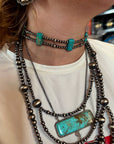 Navy Double Strand Necklace – 13” Beaded – Sterling Silver Pearls & Rectangle Variscite