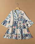 Boho Buttoned V-Neck 3/4 Sleeve Mini Dress