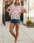 Floral Stripe Detail Split Neck Short Sleeve Blouse